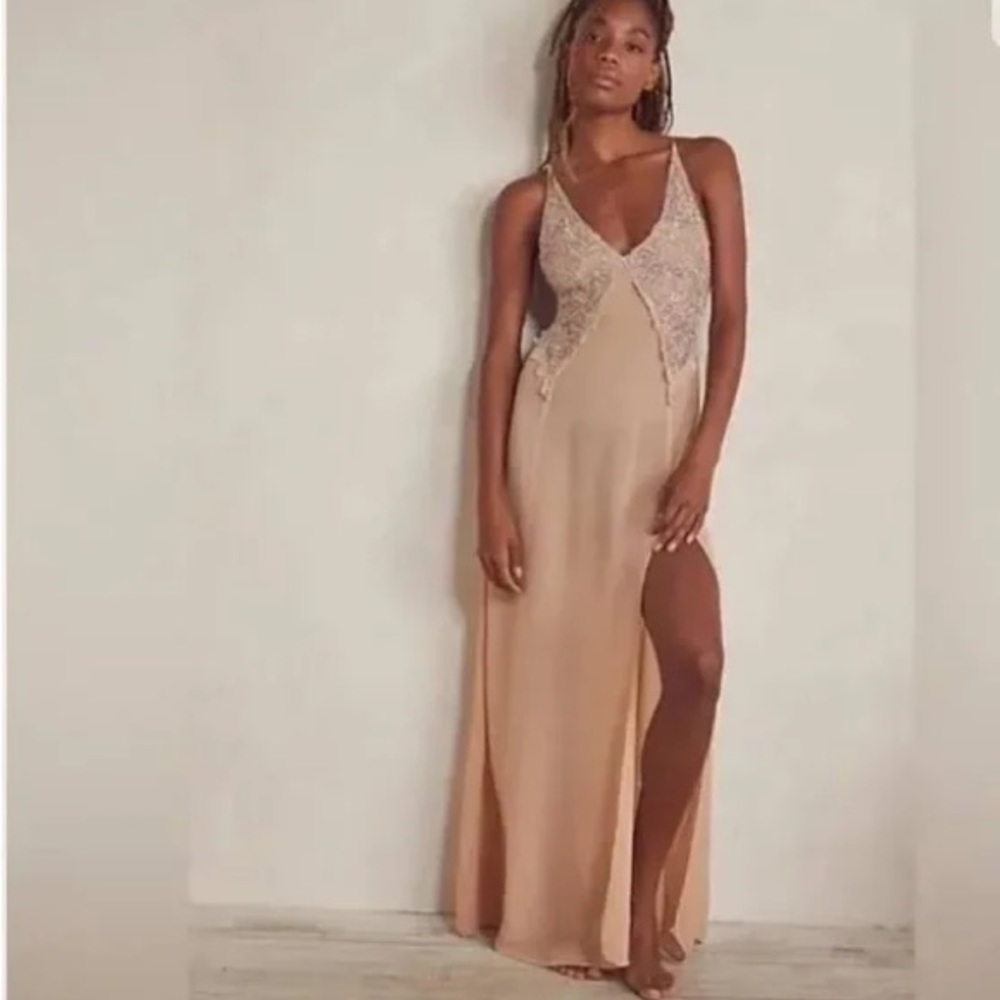 NWOT Free People Ivory Sheer Current Obsession Lace Maxi Slit Cut Slip Tan Dress